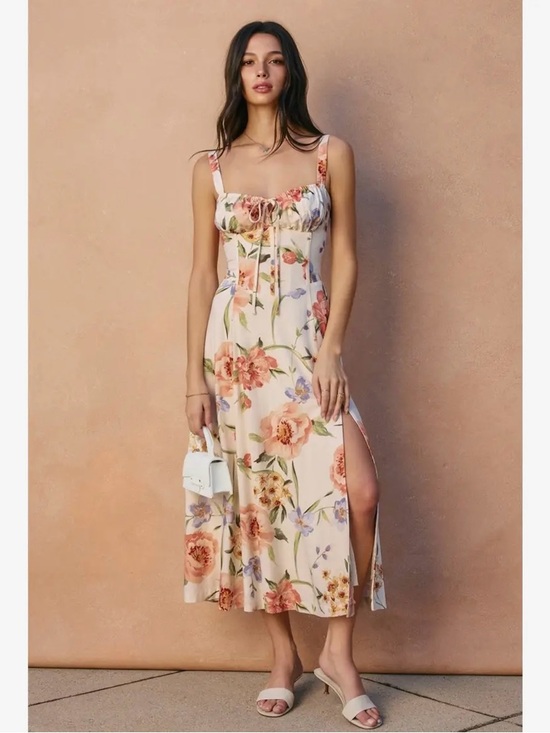 Dress Forum Dresses & Skirts - Dress Forum Cream Floral Midi Dress with Peach & Green Blooms